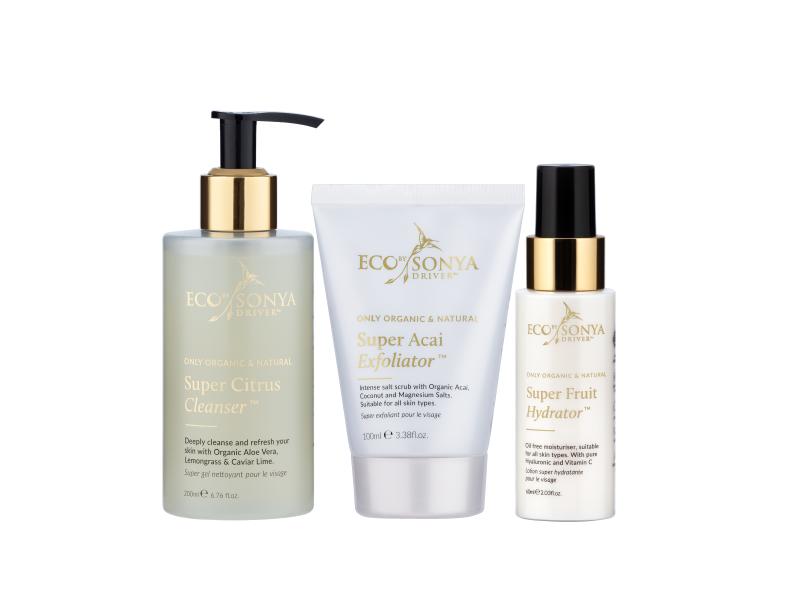 Eco by Sonya Driver pack shot of Super Citrus Cleanser; Super Acai Exfoliator; Super Fruit Hydrator